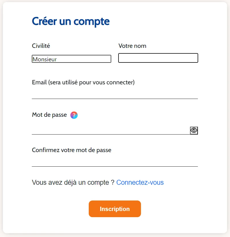 capture d'écran du formulaire de création de compte