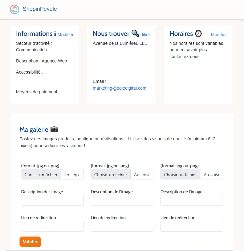 capture d'écran de l'interface de création du profil avce les blocs informations, coordonnées, horaires et galerie d'images